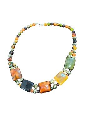 Chunky Necklace Large Rectangular Focal Beads Multicolor Glass Bead Statement